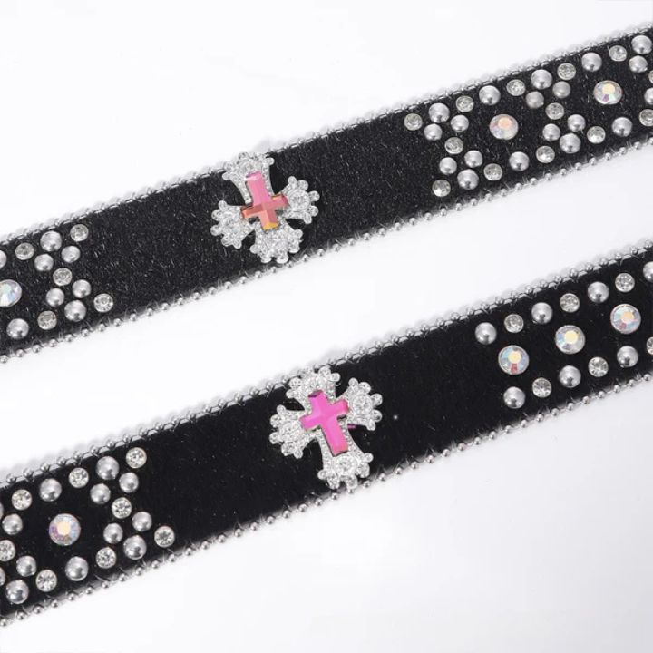 Engraved Buckle Pink Cross Belt Black Strap with White Rhinestones