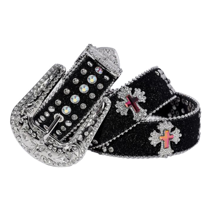 Engraved Buckle Pink Cross Belt Black Strap with White Rhinestones