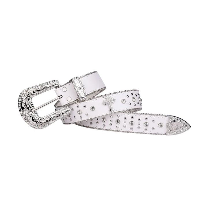 Engraved Buckle Cross White Strap with Crystal Rhinestones Belt 