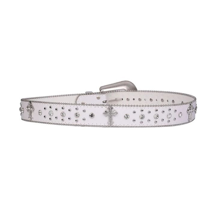 Engraved Buckle Cross White Strap with Crystal Rhinestones Belt 