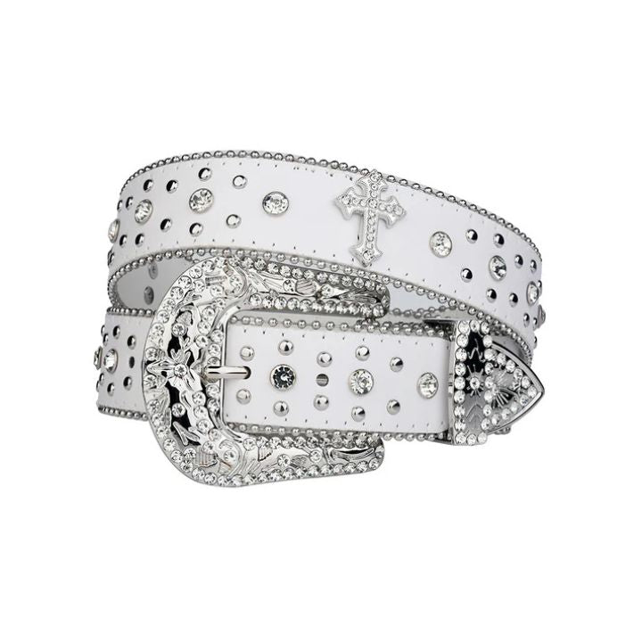 Engraved Buckle Cross White Strap with Crystal Rhinestones Belt 