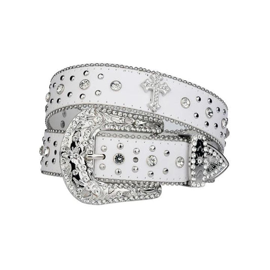 Engraved Buckle Cross White Strap with Crystal Rhinestones Belt 