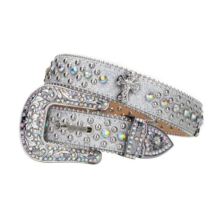 Rhinestone Studded Western Belt with Cross Embellishment