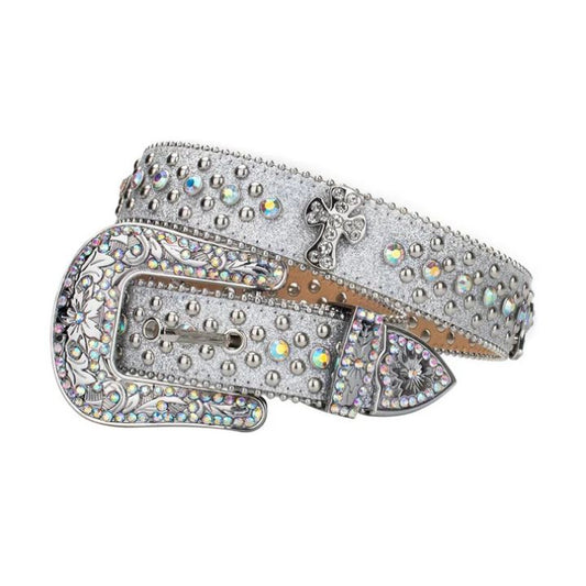 Rhinestone Studded Western Belt with Cross Embellishment