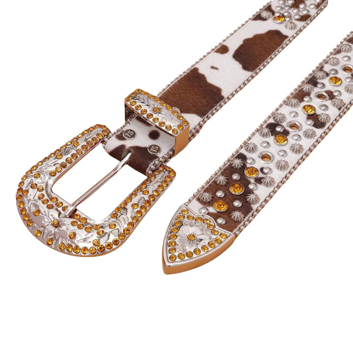 Engraved Buckle Rhinestone Belt - Gold Studded Cow Skin Style