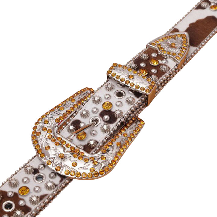 Engraved Buckle Rhinestone Belt - Gold Studded Cow Skin Style