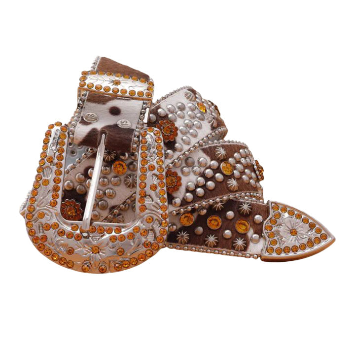 Engraved Buckle Rhinestone Belt - Gold Studded Cow Skin Style