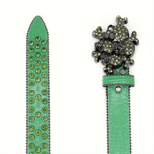Edgy Punk Skull Green Studded Rhinestones Belt