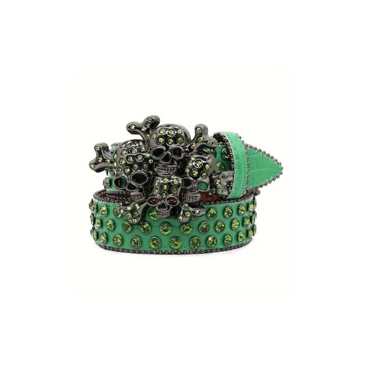 Edgy Punk Skull Green Studded Rhinestones Belt