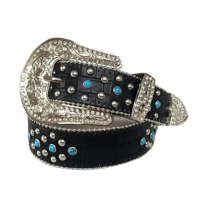 Elegant Blue Rhinestone Belt with Black Textured Strap