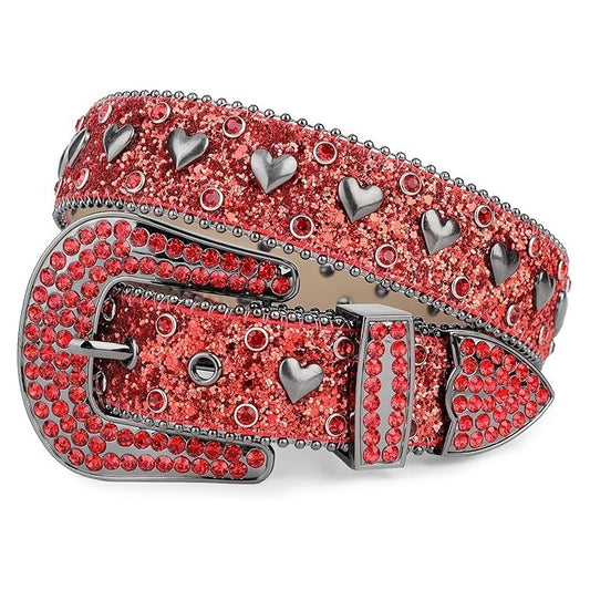 Rhinestone Western Bling Heart Crystal Diamond Studded Leather Belt