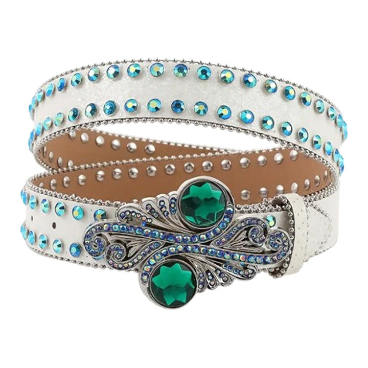 White Rhinestone Western Belt with Emerald Green Buckle