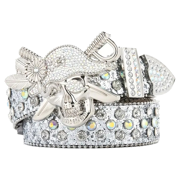 Silver Rhinestone Pirate Skull Belt
