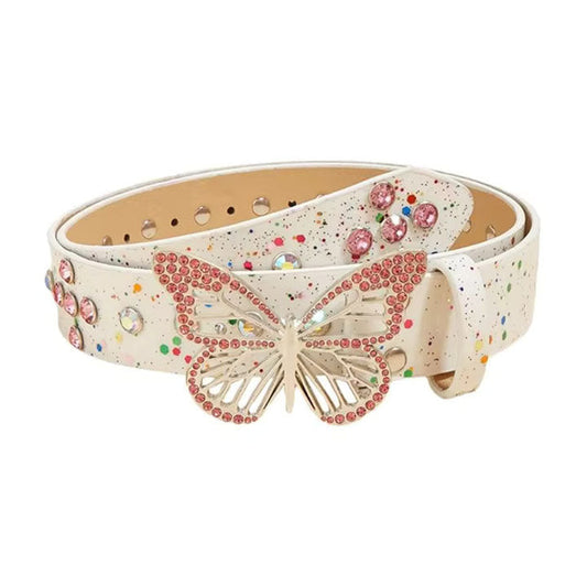 White Glitter Butterfly Rhinestone Belt