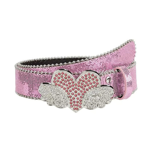 Pink Glitter Heart Wings Rhinestone Belt