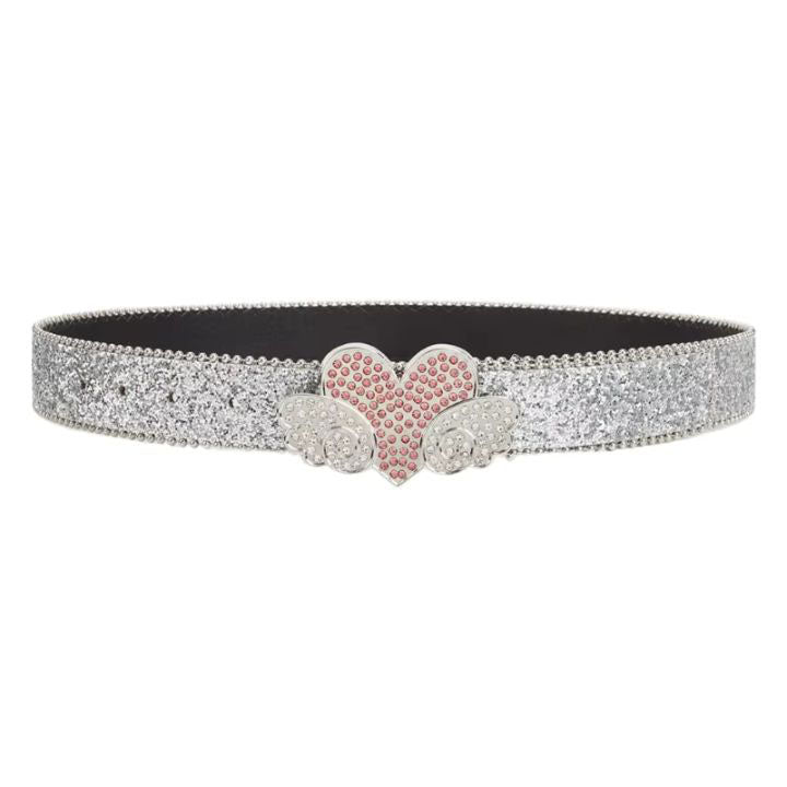 White Glitter Heart Wings Rhinestone Belt