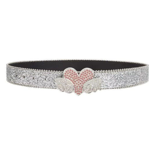 White Glitter Heart Wings Rhinestone Belt