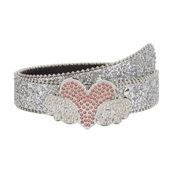 White Glitter Heart Wings Rhinestone Belt