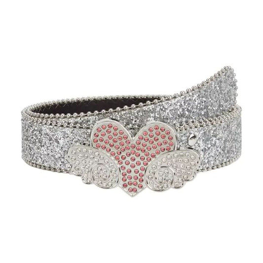 White Glitter Heart Wings Rhinestone Belt