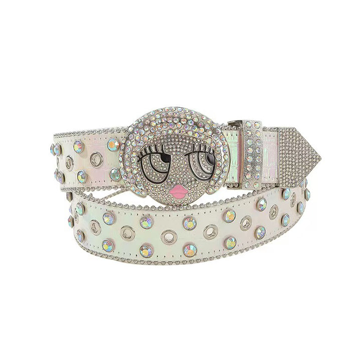 White Glam Rhinestone Belt with Cute Face Buckle