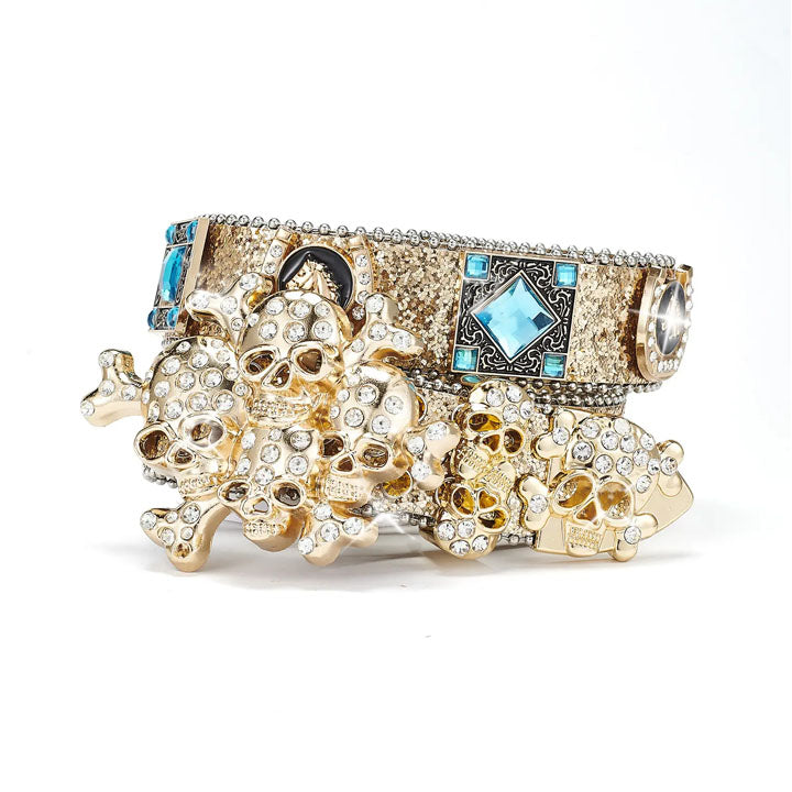 Men's Gold Skull Belt with Rhinestones and Blue Gem Accents