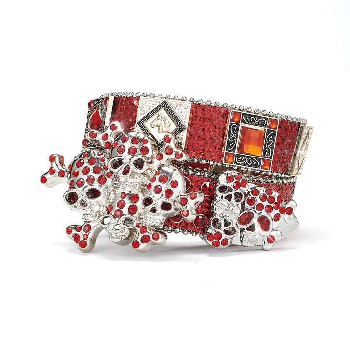Men's Red Glitter Skull Belt with Rhinestones and Silver Accents