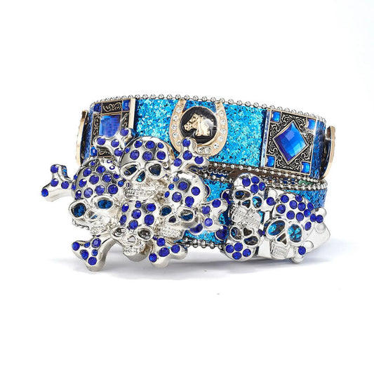 Men's Blue Glitter Skull Belt with Rhinestones and Silver Accents