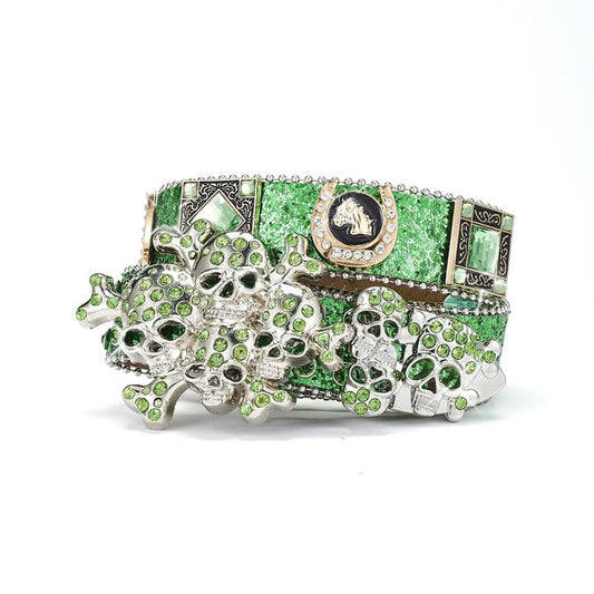 Men's Green Glitter Skull Belt with Rhinestone Accents