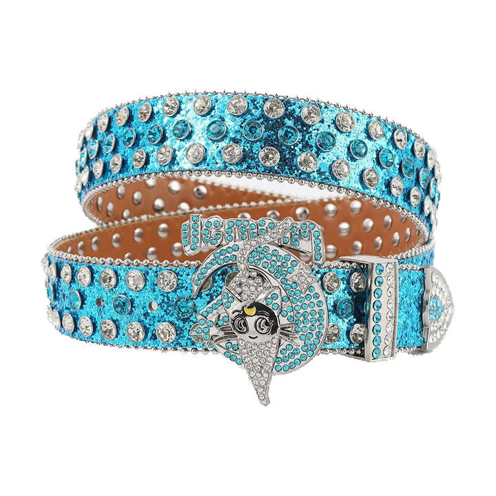 Blue Glitter Moon & Cat Western Rhinestone Belt