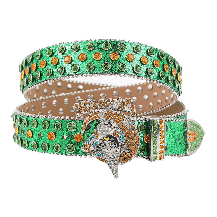 Green & Gold Crystal Moon Cat Western Belt