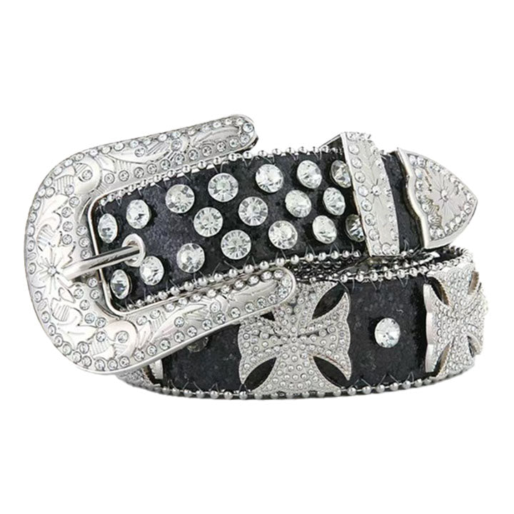 Men Black Western Rhinestone Belt Embellished with Cross Motif