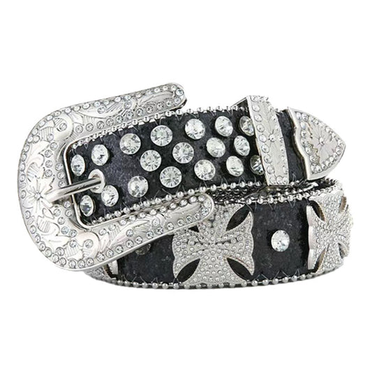 Men Black Western Rhinestone Belt Embellished with Cross Motif