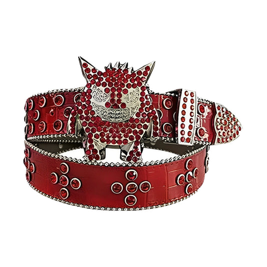 Red Rhinestone Belt with Crystal-Embellished Monster Buckle