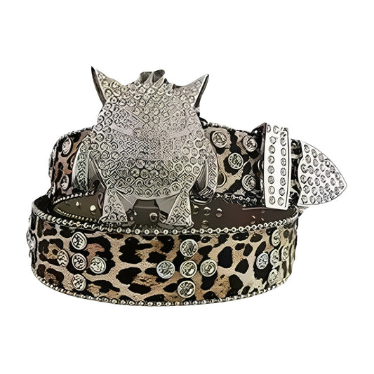 Leopard Print Rhinestone Belt with Crystal-Embellished Monster Buckle