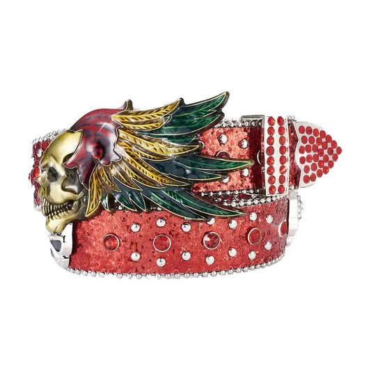 Red Glitter Skull & Feather Western Belt