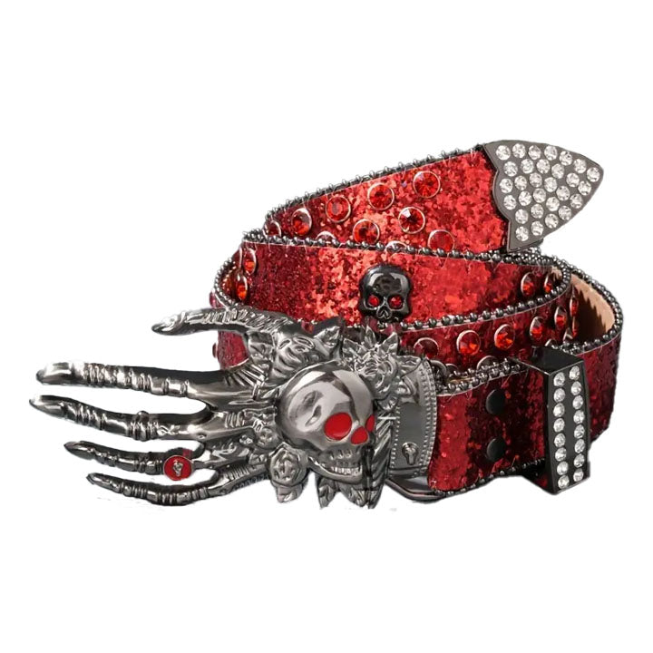 Red Glitter Skull Hand Western Belt