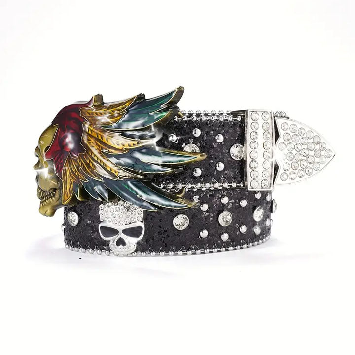 Black Skull & Feather Wing Western Belt