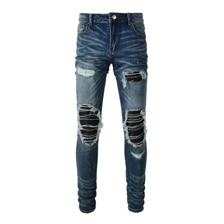 Distressed Black & Blue Slim-Fit Ripped Jeans