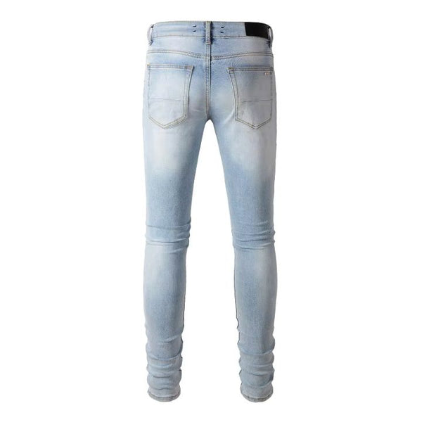 Blue Distressed Leather Patch Skinny Ripped Jeans