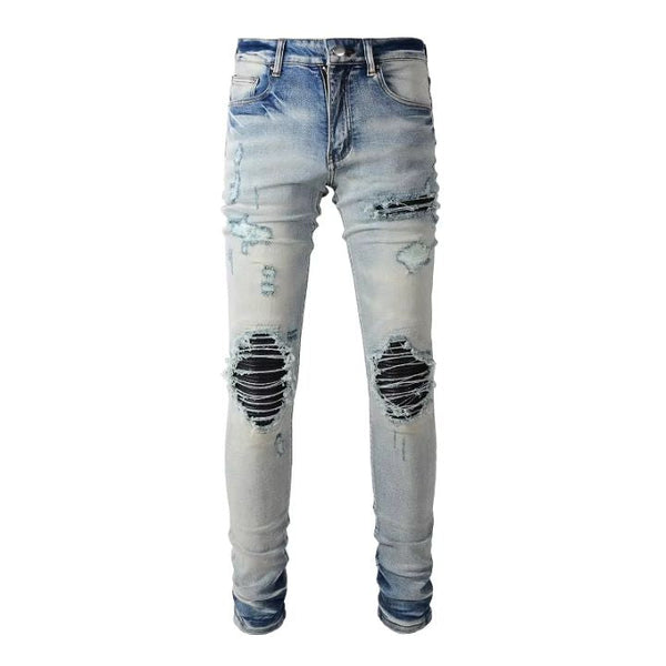 Distressed Blue Leather Patch Slim Fit Ripped Jean