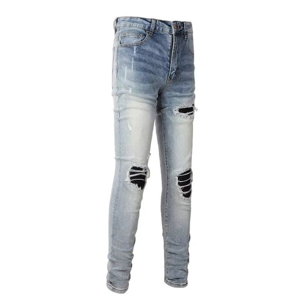 Men's Distressed Blue Leather Patch Slim Fit Jeans