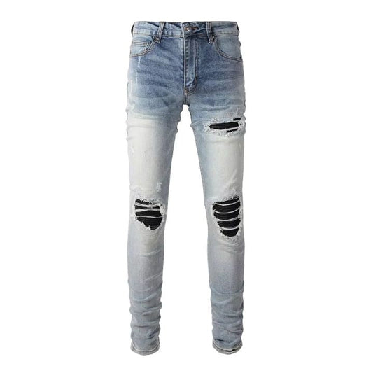 Men's Distressed Blue Leather Patch Slim Fit Jeans