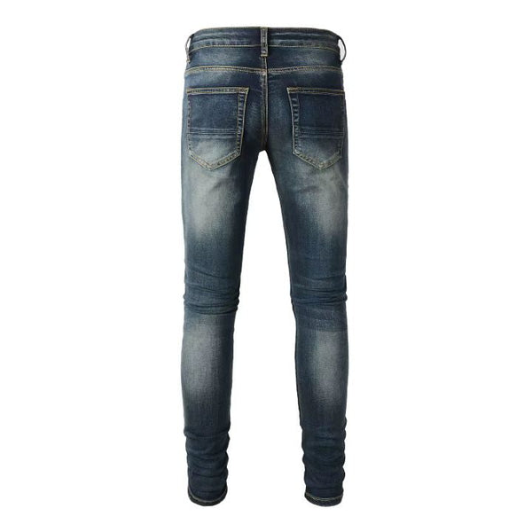 Men's Blue Distressed Leather Patch Skinny Ripped Jeans