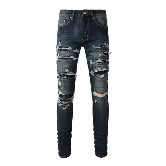 Men's Blue Distressed Leather Patch Skinny Ripped Jeans