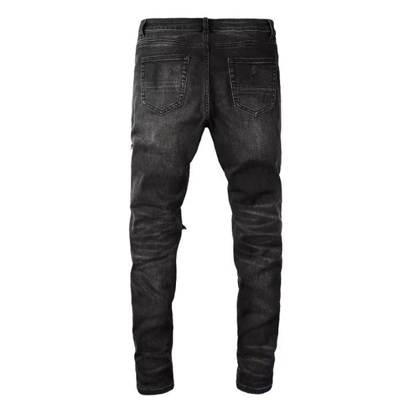 Men's black Distressed Leather Patch Slim Fit Ripped Jeans