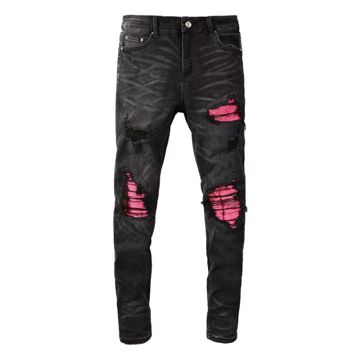 Men's black Distressed Leather Patch Slim Fit Ripped Jeans