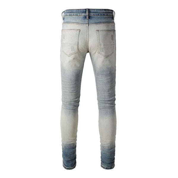 Men's White Print & Pleated Patchwork Slim Fit Ripped Jeans