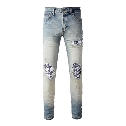 Men's White Print & Pleated Patchwork Slim Fit Ripped Jeans