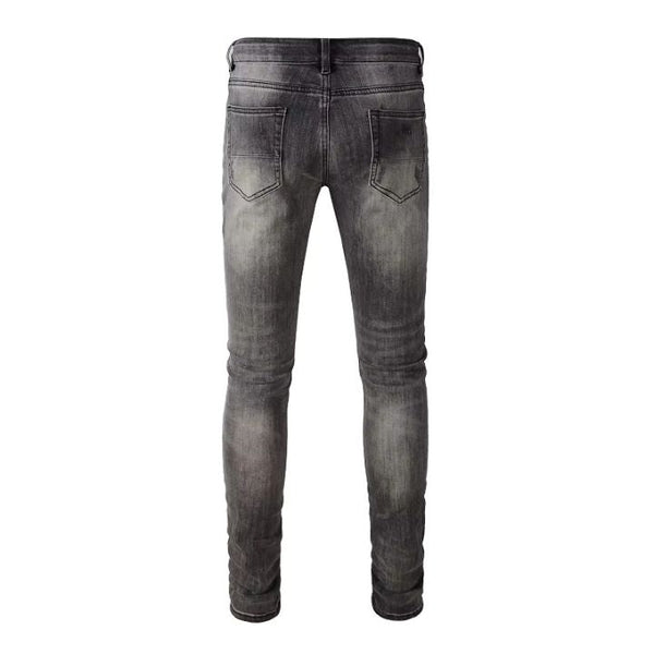 Men's Grey PU Leather & Slim Fit Ripped Jeans