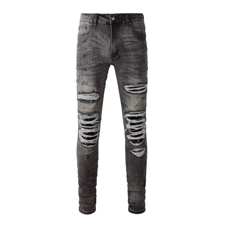 Men's Grey PU Leather & Slim Fit Ripped Jeans